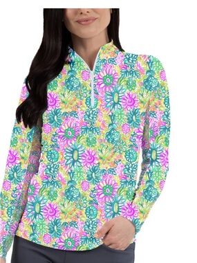 IBKUL Floral Performance Top in Teal, Pink & Yellow